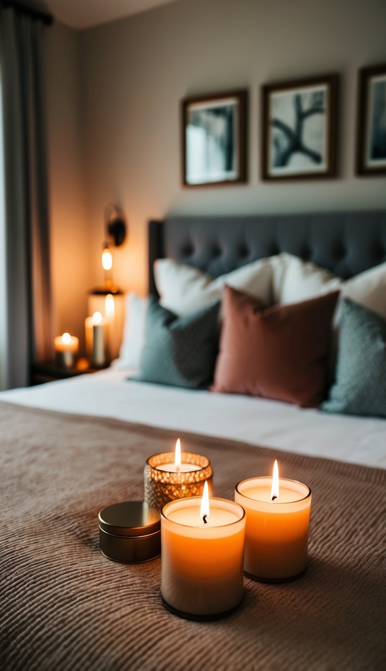 A cozy master bedroom with a set of scented candles creating a romantic ambiance