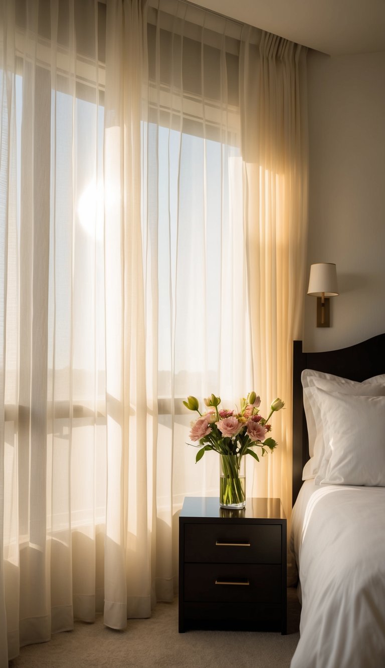 Sunlight filters through sheer curtains, casting a soft glow on a cozy master bedroom. A vase of fresh flowers sits on a nightstand, adding to the romantic ambiance