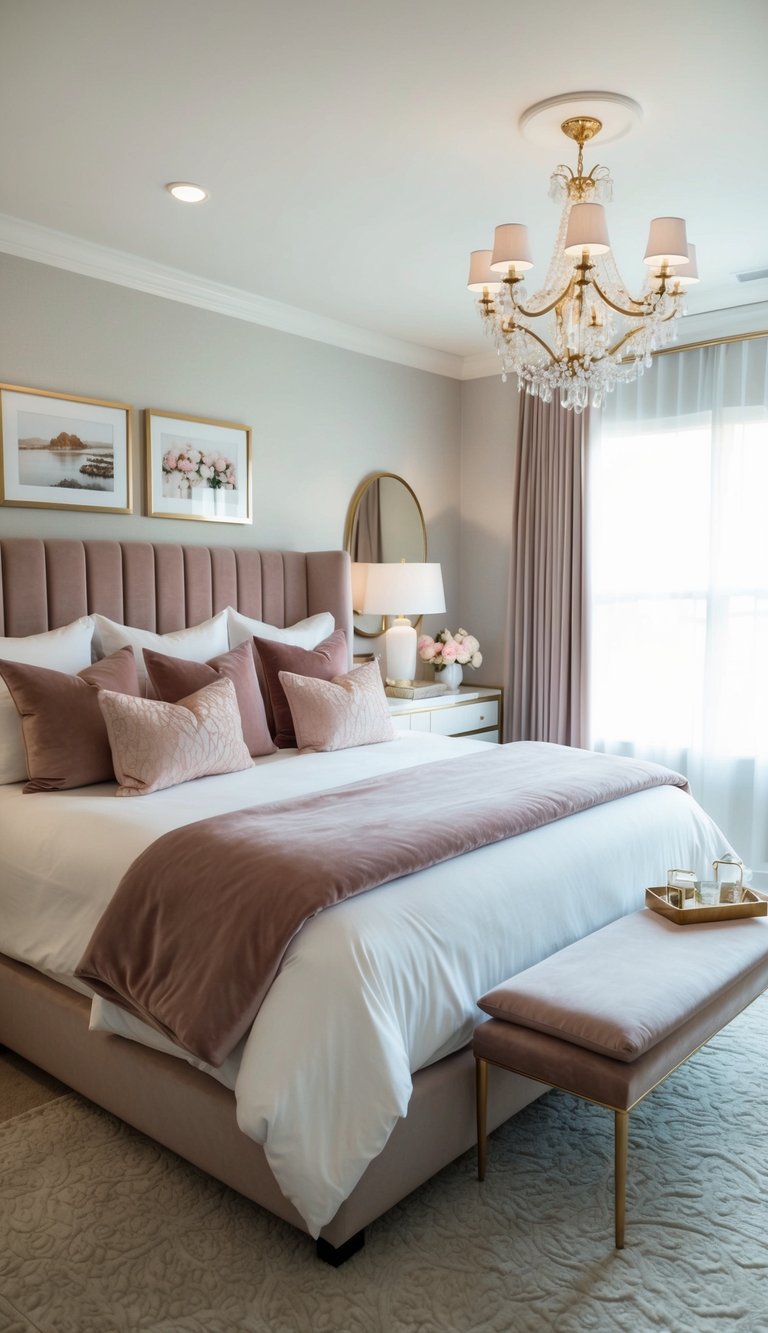 A luxurious master bedroom with velvet throw pillows on a king-sized bed, soft lighting, and romantic decor accents