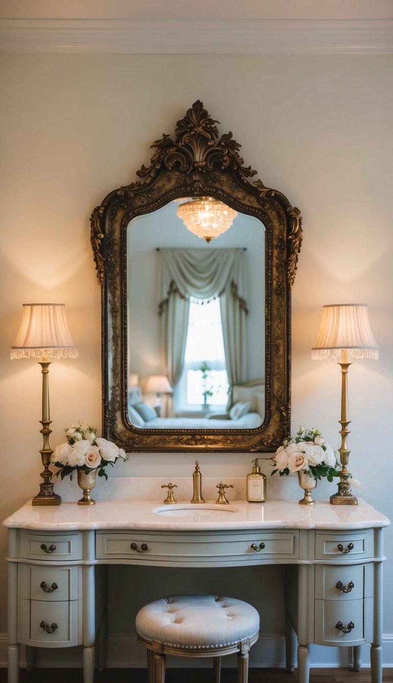 An ornate antique mirror hangs above a vanity in a softly lit master bedroom, surrounded by romantic decor and elegant furnishings