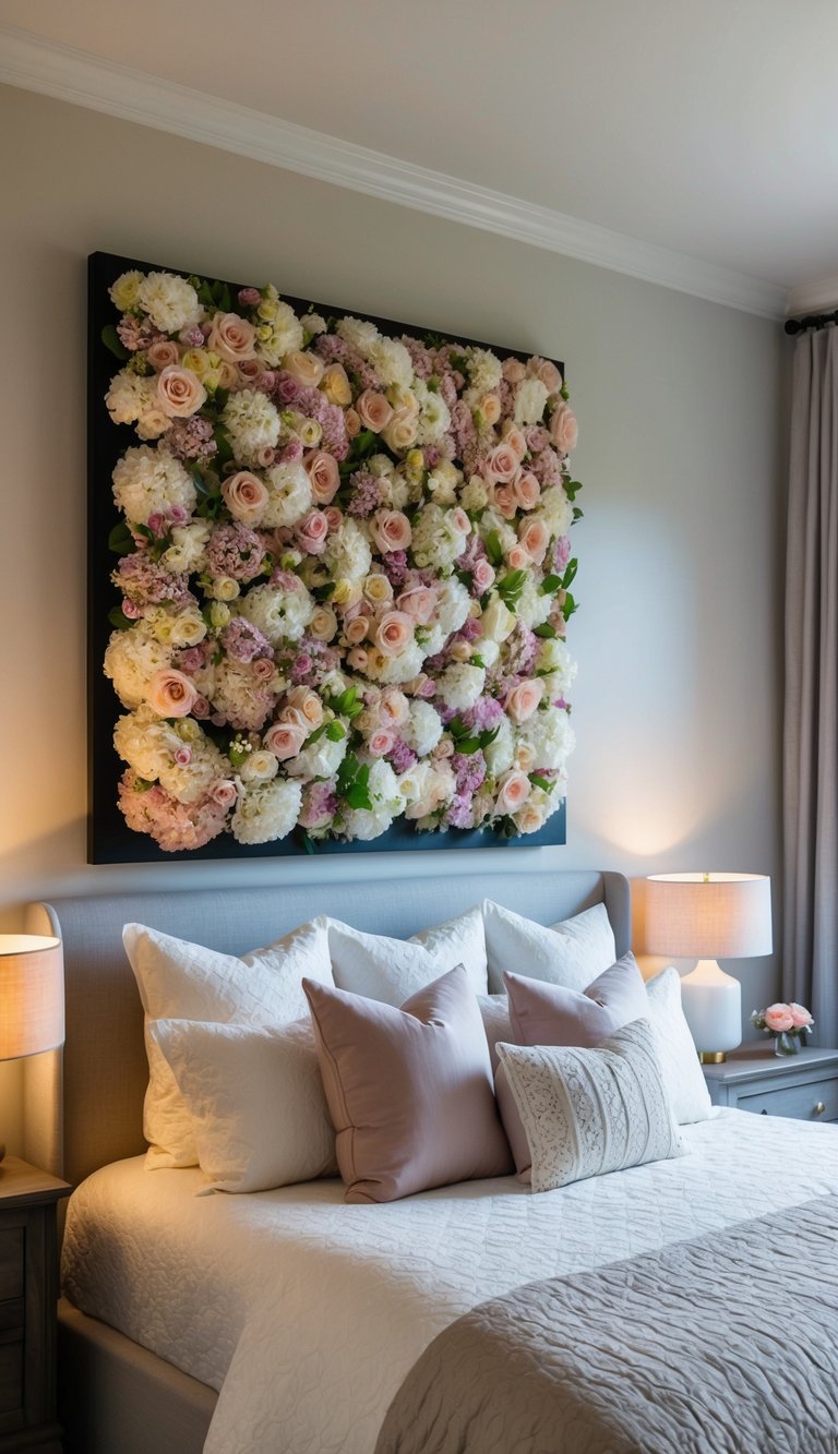 A large floral wall art piece hangs above a king-sized bed with soft, romantic lighting and cozy bedding