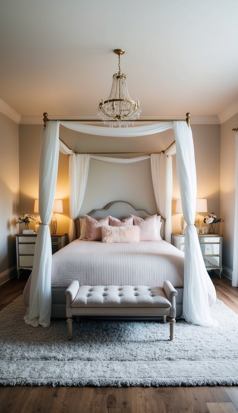 A plush area rug lies beneath a canopy bed in a softly lit master bedroom, adorned with romantic decor