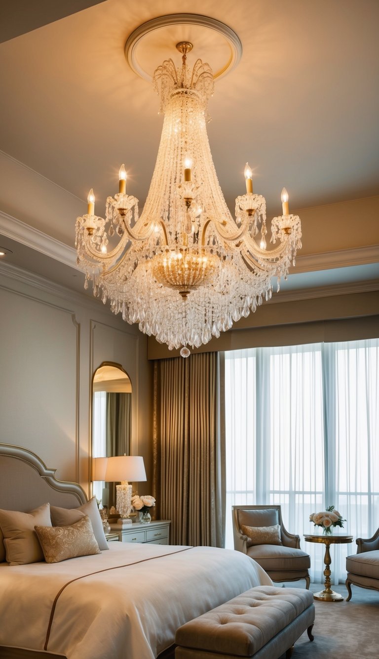 A grand chandelier illuminates a luxurious master bedroom, casting a warm and romantic glow over the elegant decor