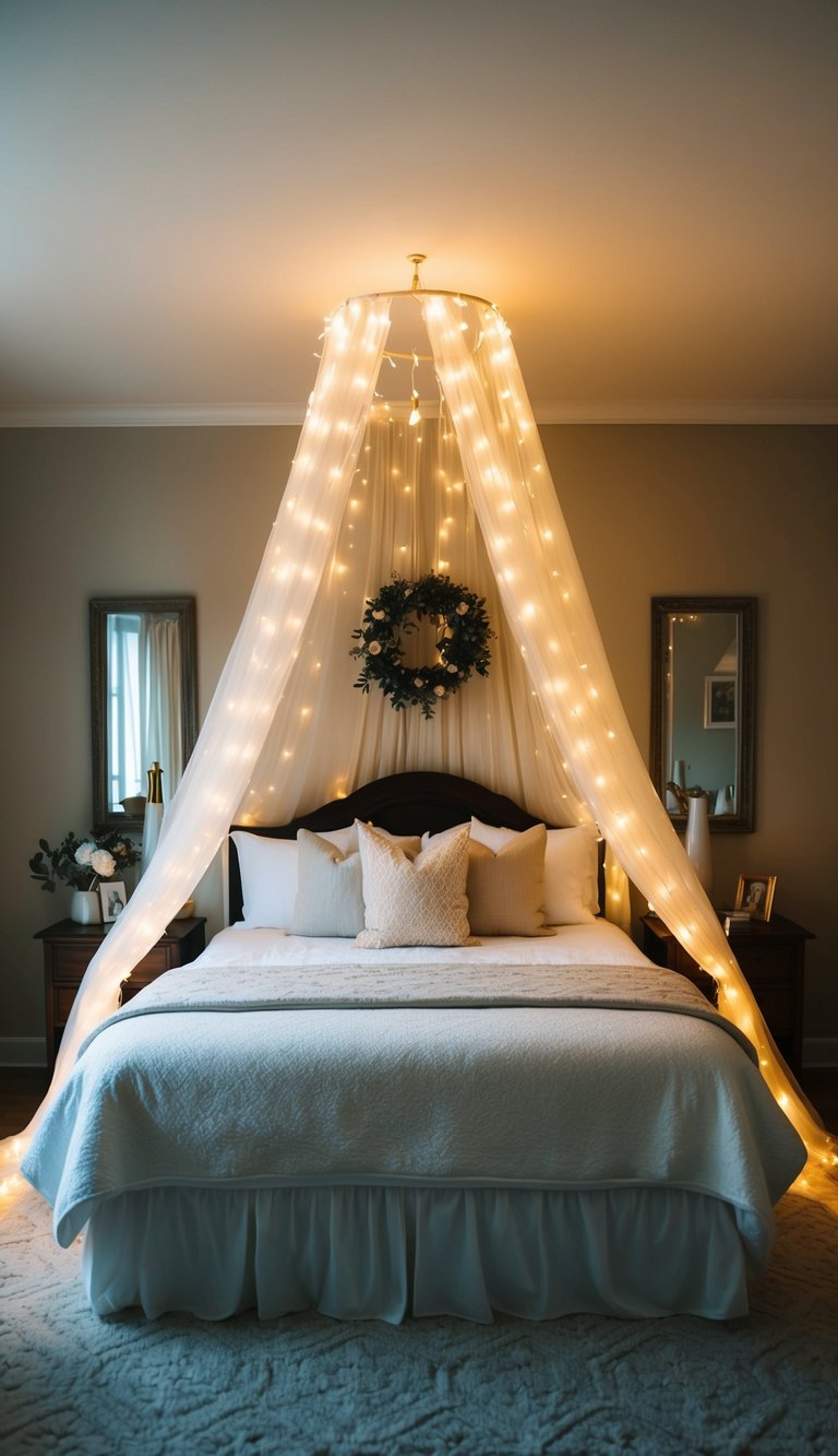 A cozy master bedroom with a fairy light canopy draped over the bed, creating a romantic and dreamy atmosphere