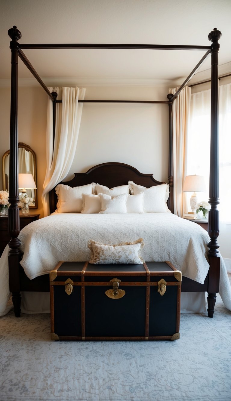 A vintage trunk sits at the foot of a four-poster bed in a softly lit master bedroom, surrounded by romantic decor and soft, flowing fabrics