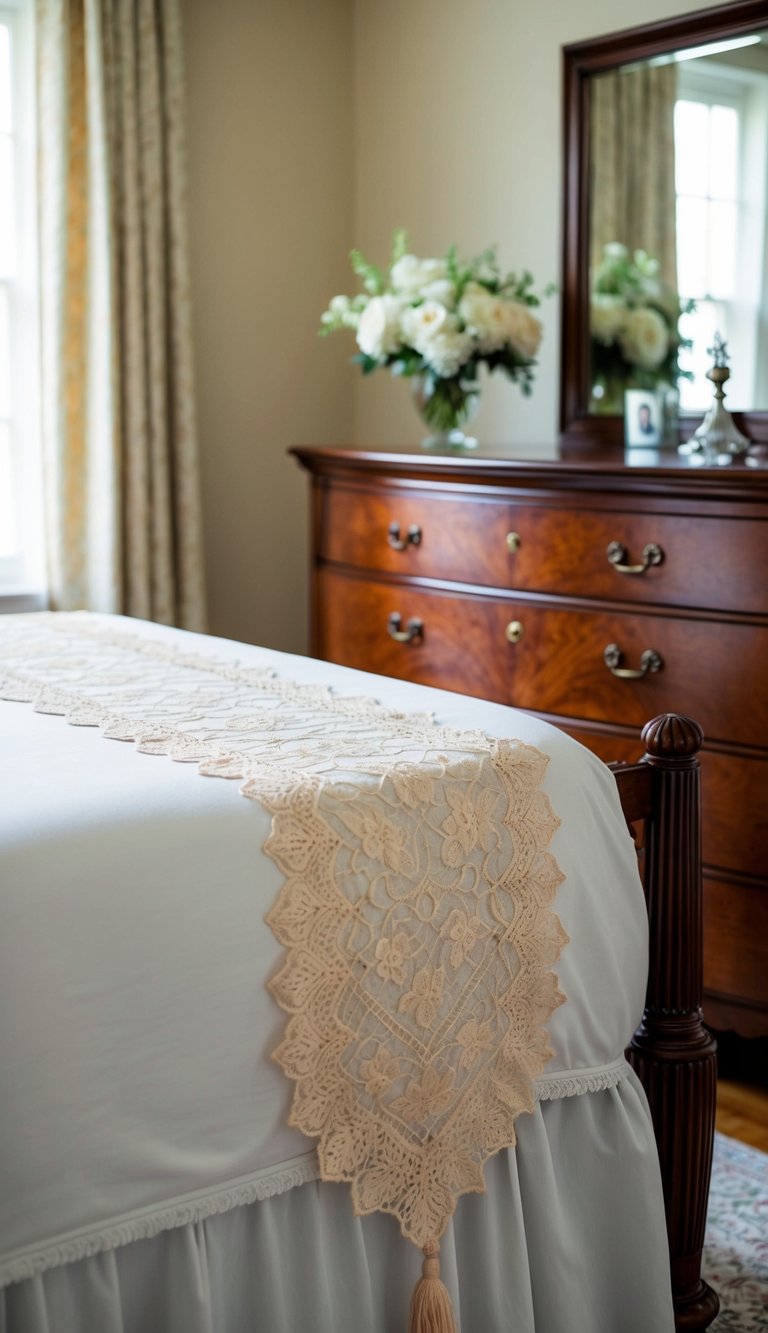 A lace table runner drapes across a mahogany dresser in a softly lit master bedroom, adding a touch of romance to the elegant decor