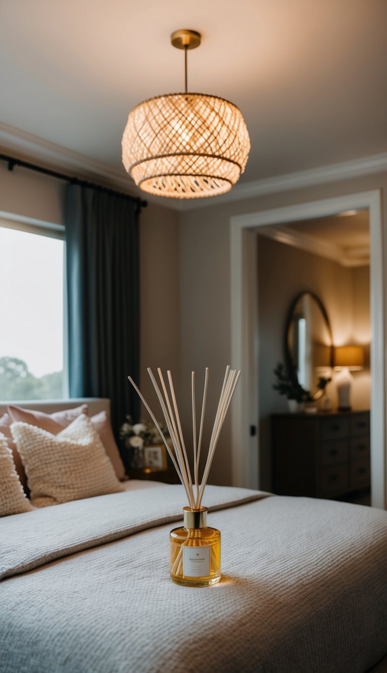 A master bedroom with a cozy bed, soft lighting, and a Reed Diffuser 23 creating a romantic ambiance