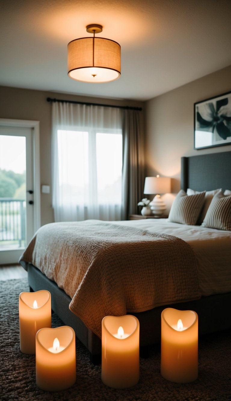 A cozy master bedroom with LED flameless candles creating a romantic atmosphere