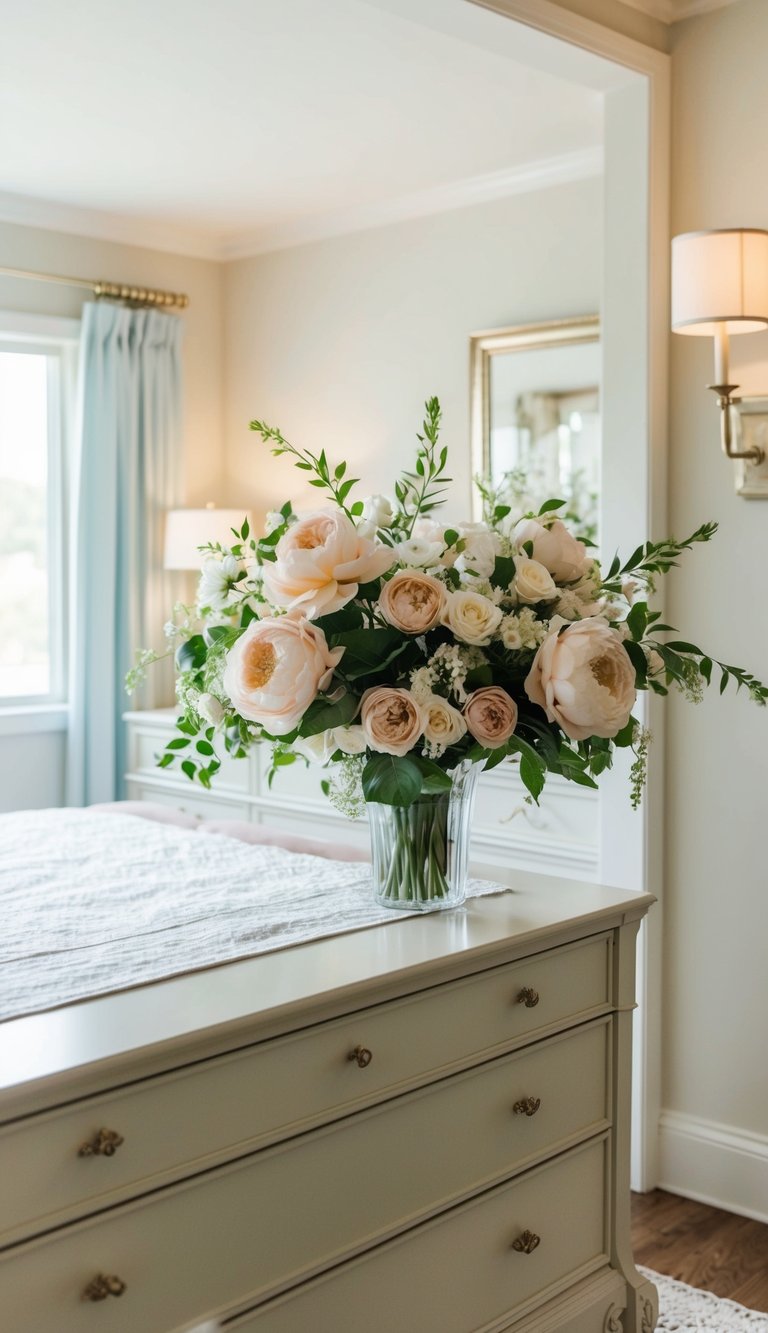 A silk flower arrangement sits on a dresser in a softly lit master bedroom, adding a touch of romance to the decor