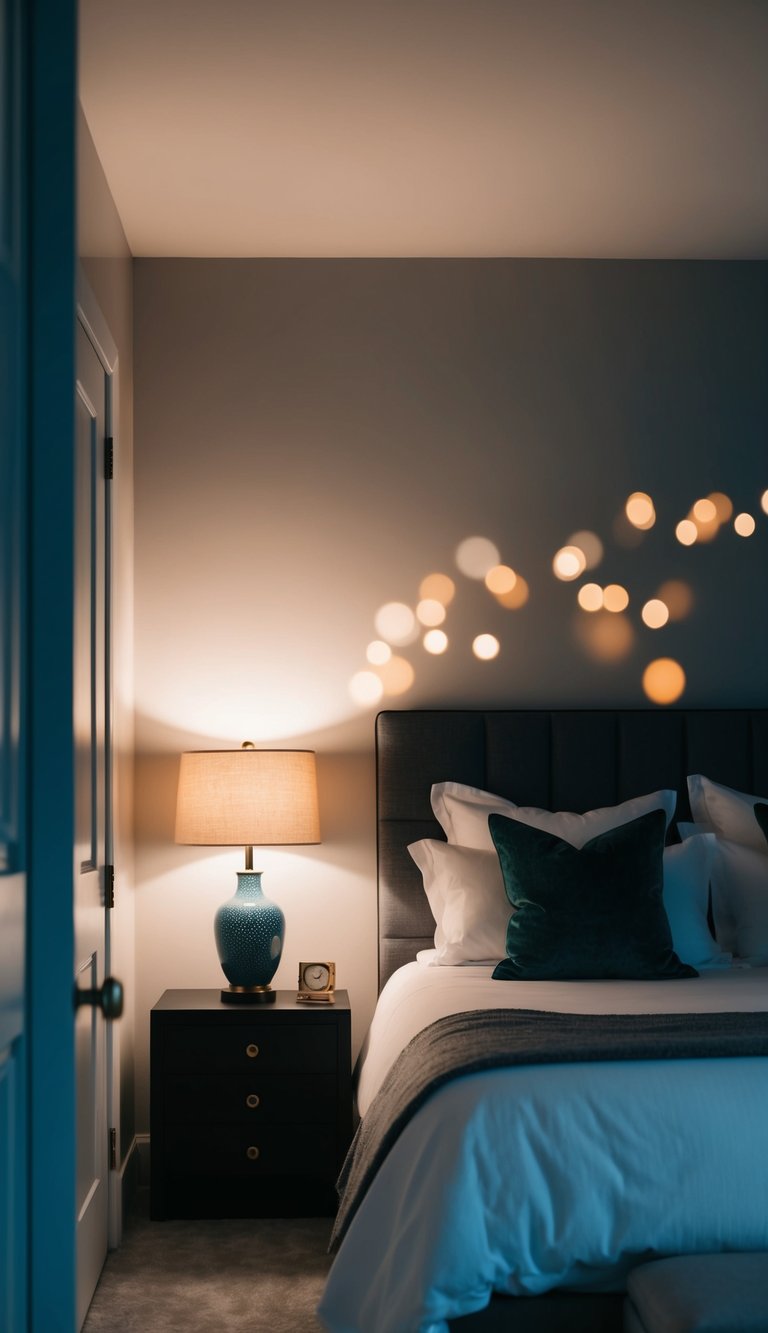 A dimly lit bedroom with a soft glow emanating from a mood lighting lamp, casting a romantic and cozy ambiance over the master bedroom decor