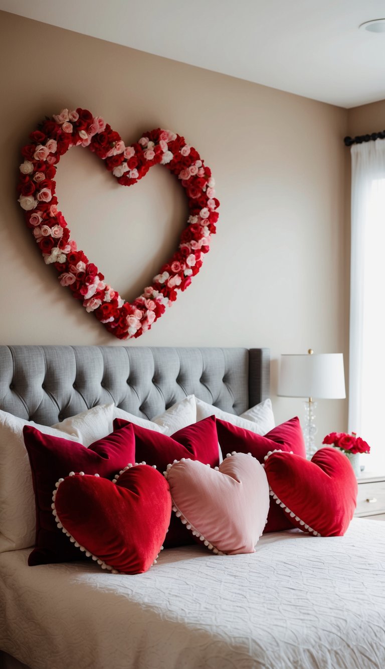 A master bedroom adorned with heart-shaped cushions and romantic decor