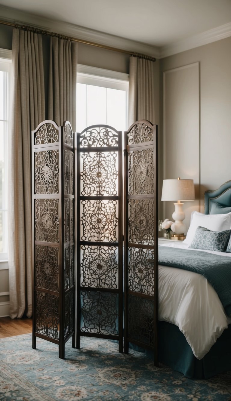 A decorative room divider stands in the corner of a master bedroom, adding a touch of romance to the elegant decor