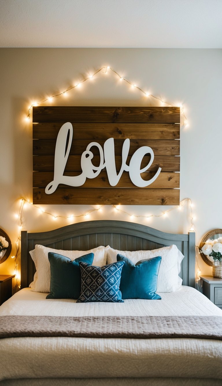 A wooden love sign hangs above a cozy master bed, surrounded by soft lighting and romantic decor