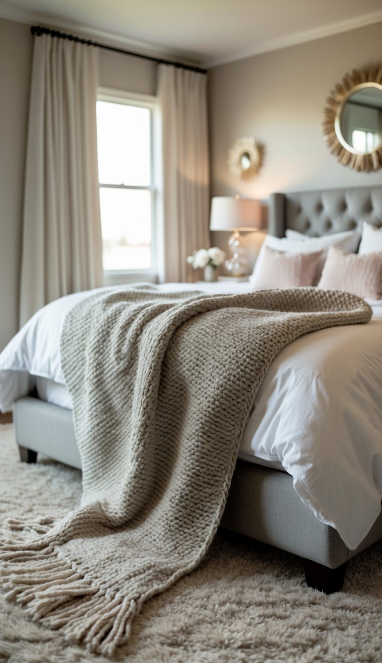 A cozy knit blanket drapes over a plush bed in a master bedroom, surrounded by soft lighting and romantic decor