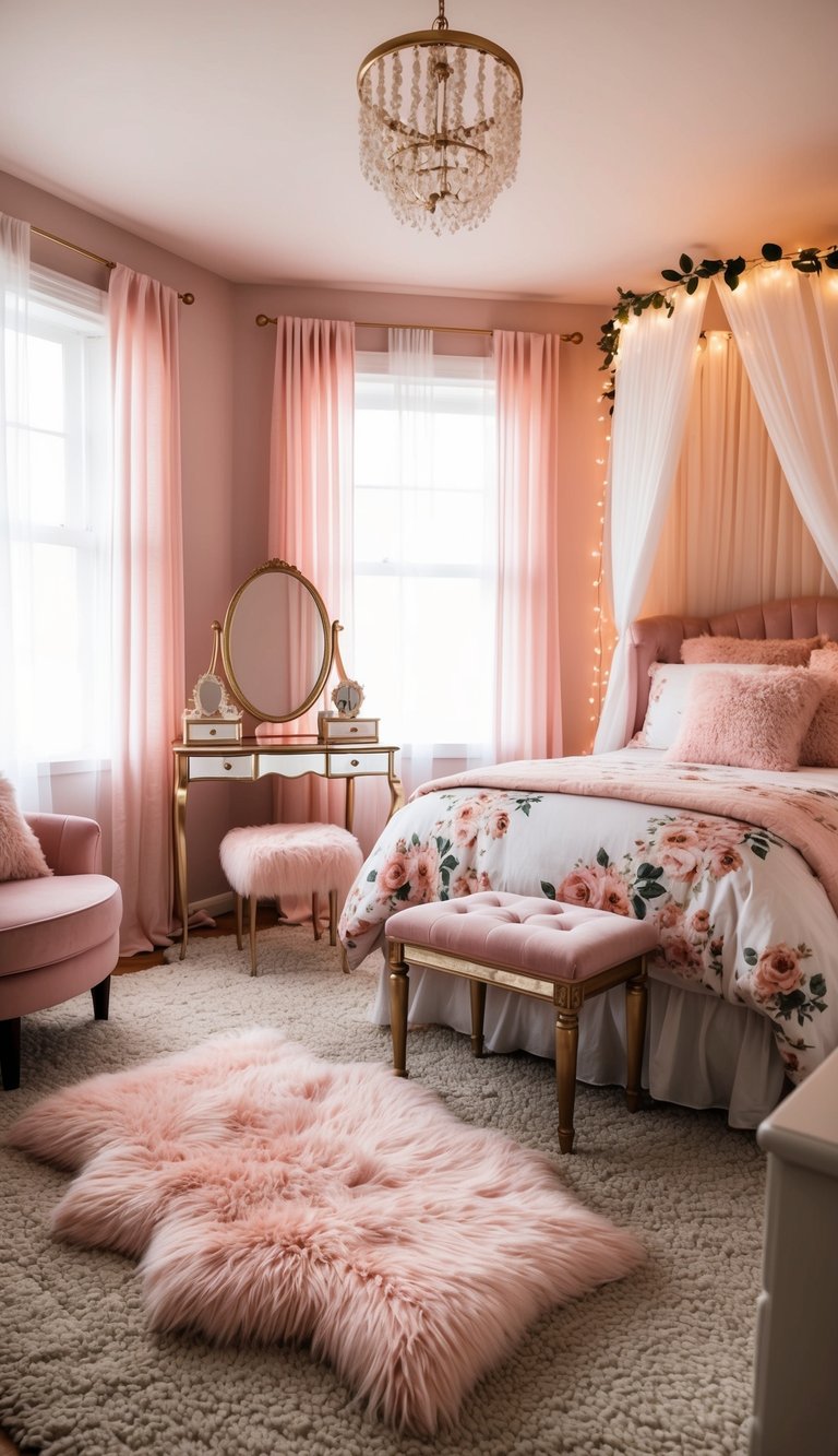 A cozy pink bedroom with a fluffy rug, floral bedding, and a canopy bed adorned with fairy lights. A vanity table with a mirror and a plush armchair complete the girly decor