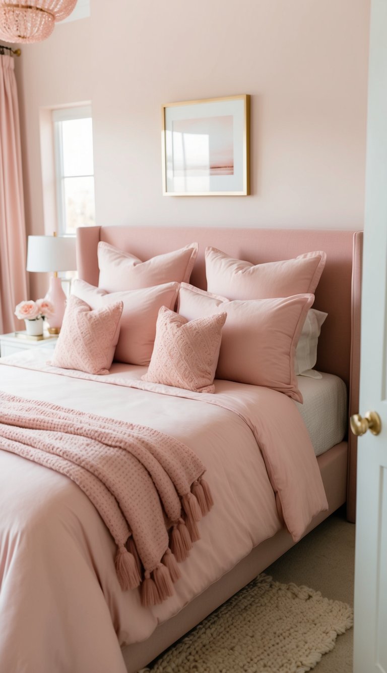 A cozy bedroom with blush pink bedding set, soft pillows, and a matching throw blanket. The room is decorated with pink accents and has a serene, feminine vibe