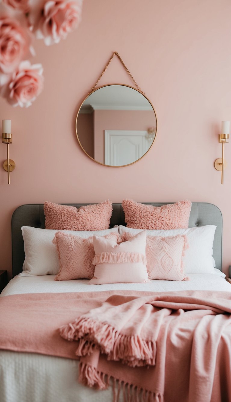 A rose gold wall mirror hangs above a pink bedroom with 22 decor ideas