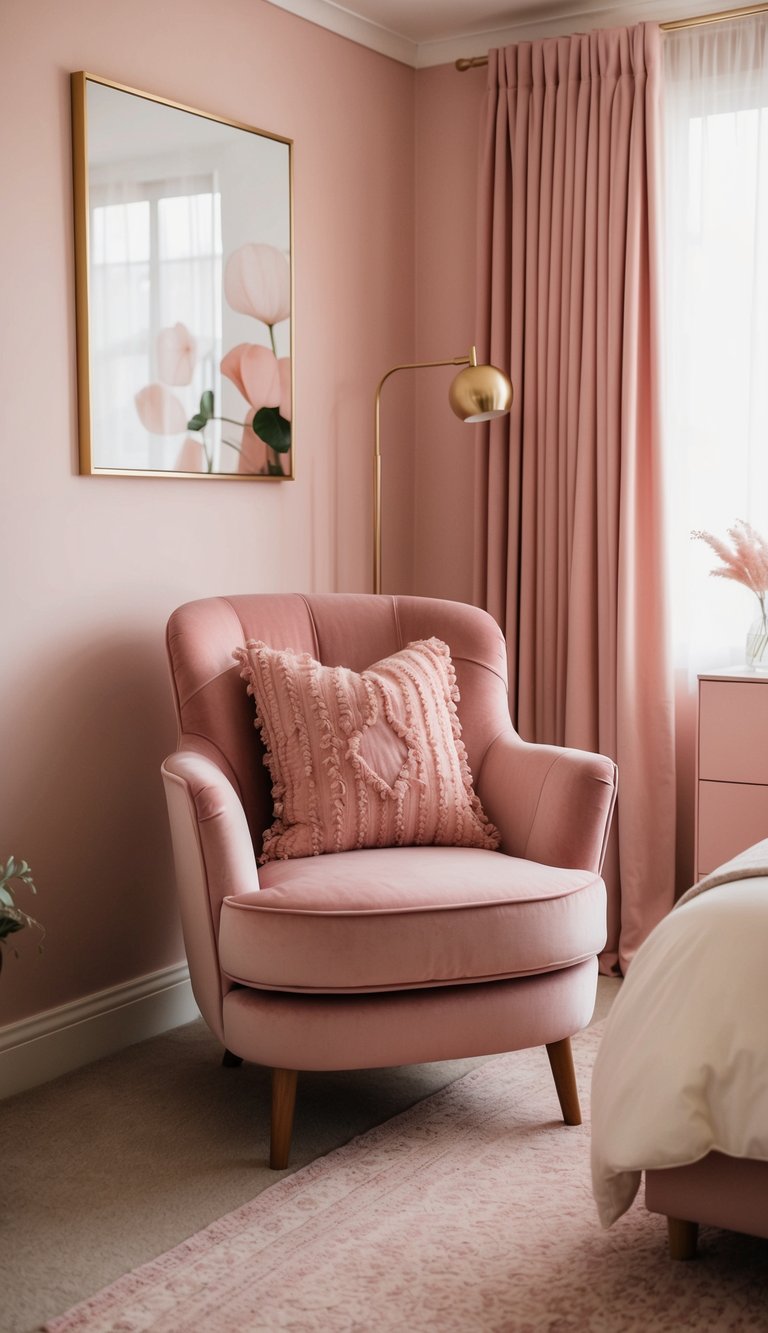 A dusty pink velvet armchair sits in a cozy pink bedroom, surrounded by soft pastel decor and warm lighting