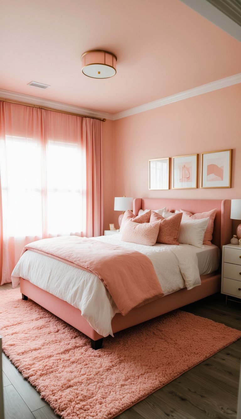 A cozy pink bedroom with a coral pink accent rug, soft lighting, and various decorative elements in shades of pink