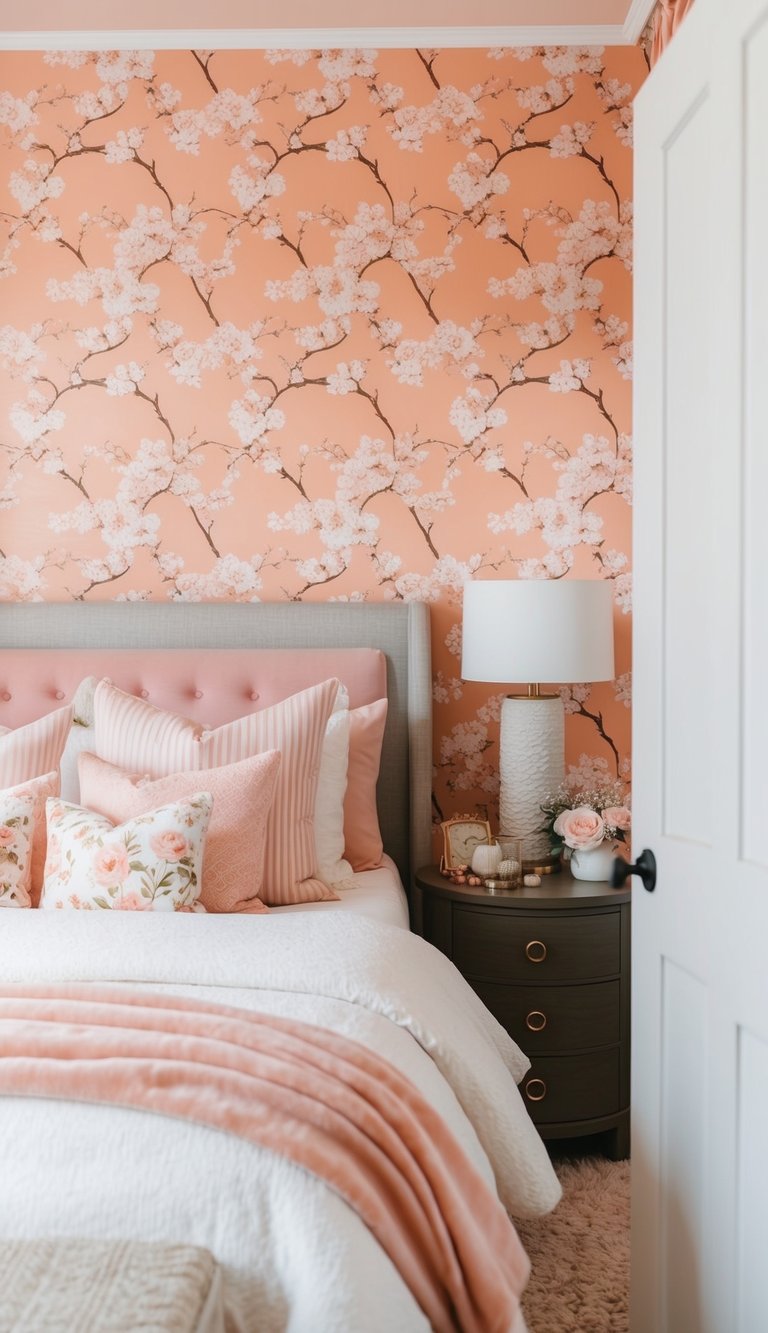 A cozy bedroom with peach blossom wallpaper, soft pink accents, and floral decor