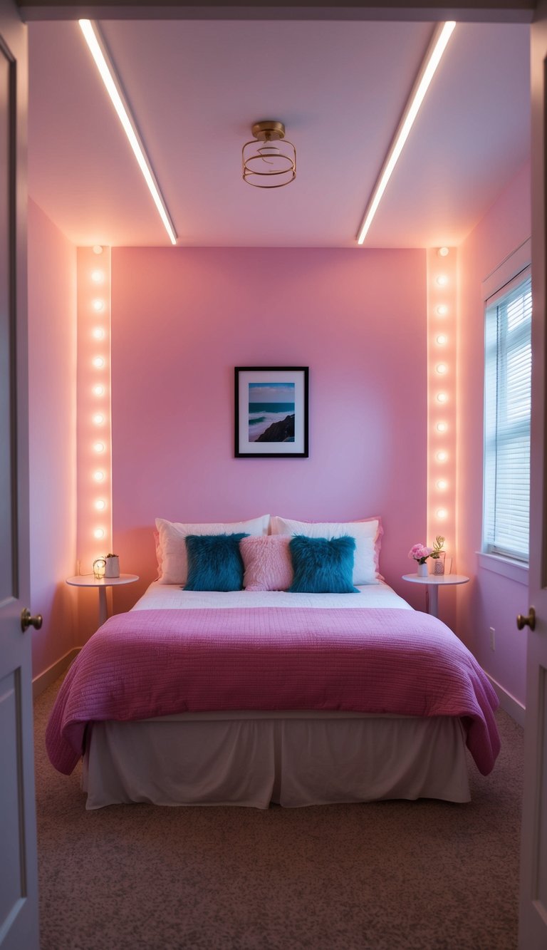 A cozy bedroom with bubblegum pink LED strip lights illuminating the space, creating a soft and warm ambiance