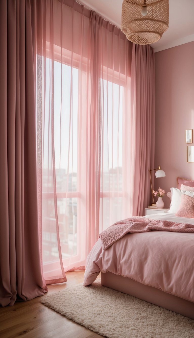 Mauve sheer curtains billow in a pink bedroom with soft lighting and cozy decor