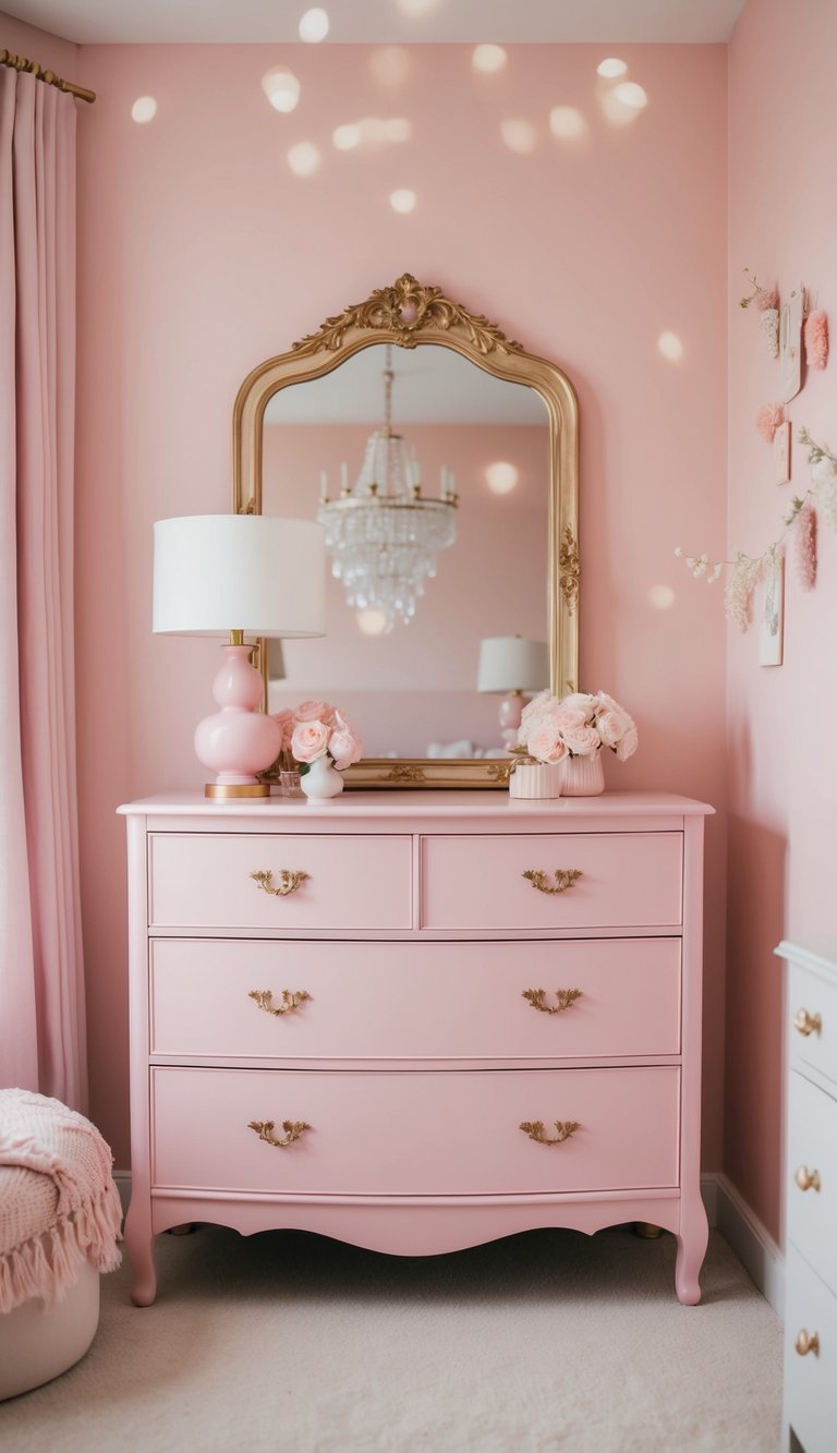 A pastel pink dresser stands in a cozy pink bedroom, surrounded by soft, feminine decor and delicate accents