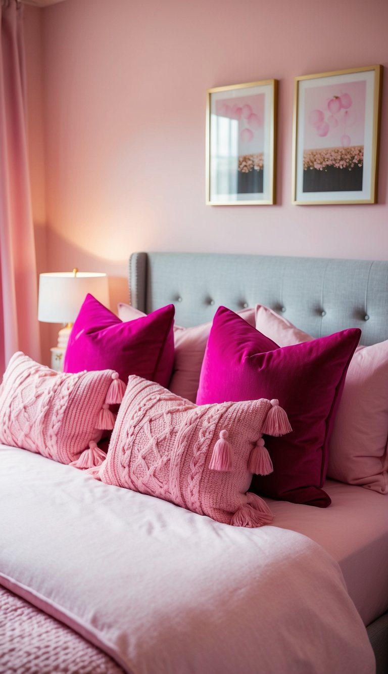 A cozy pink bedroom with fuchsia throw pillows on a bed, surrounded by matching decor and soft lighting