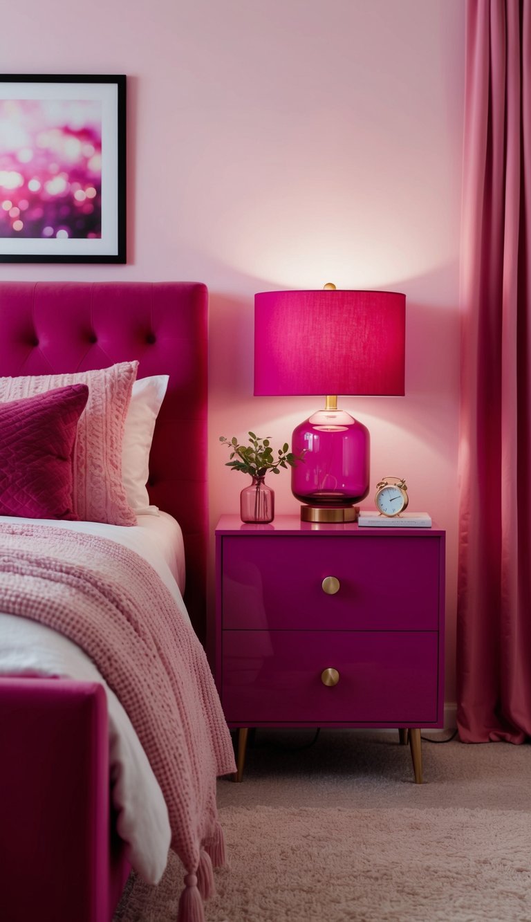 A magenta bedside lamp illuminating a pink bedroom with cozy decor and 22 different design ideas