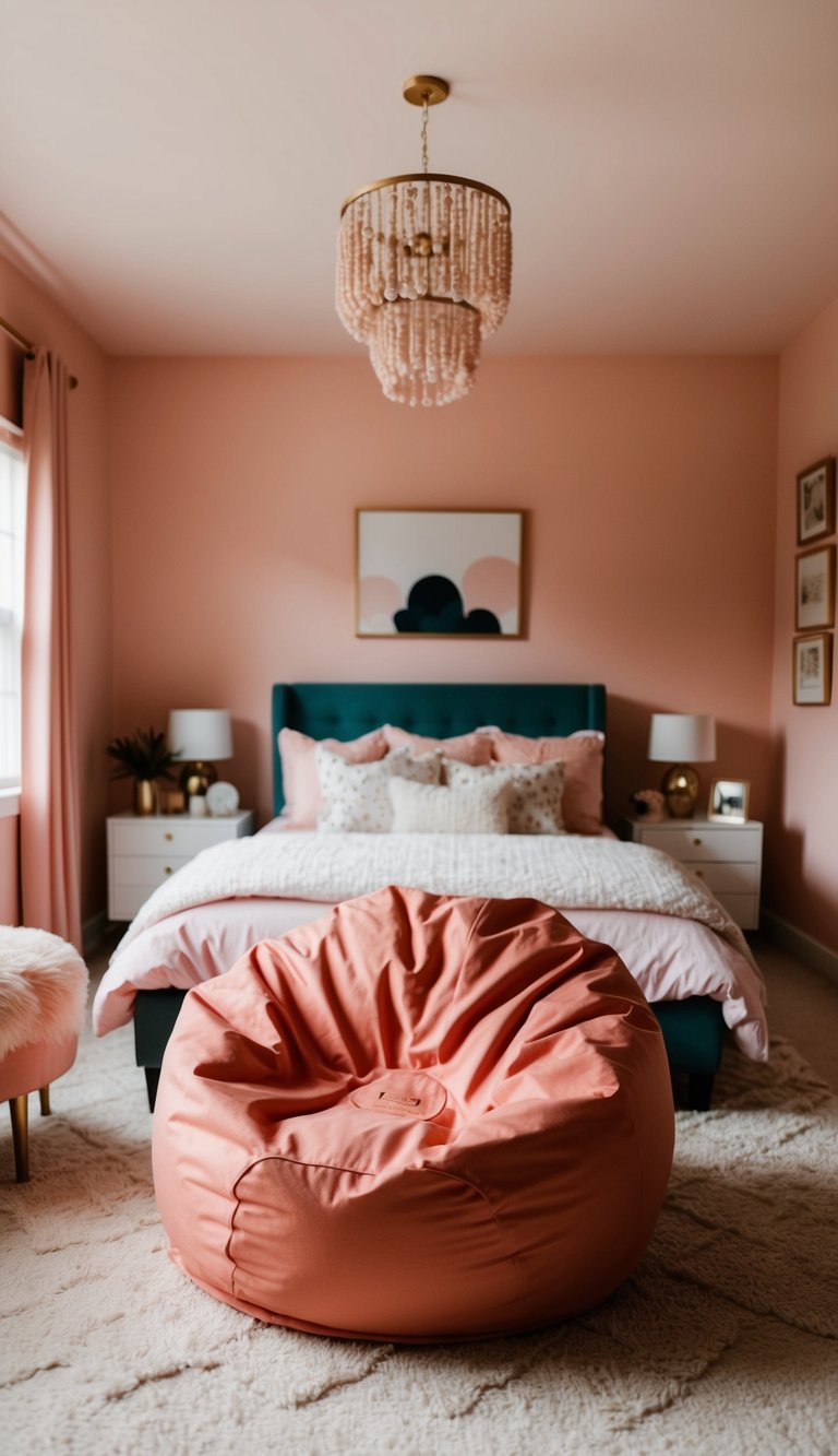 A salmon pink bean bag sits in the center of a cozy pink bedroom, surrounded by various decor and furniture