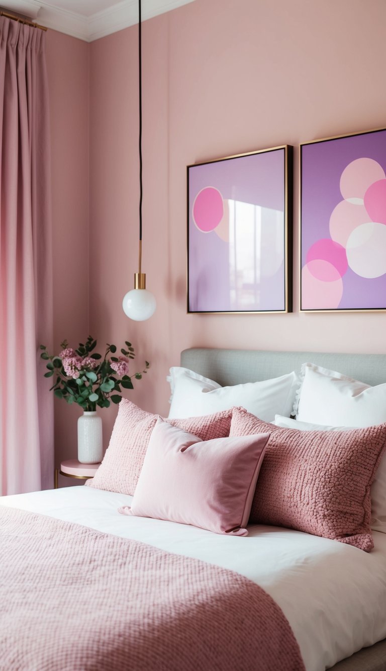 A cozy pink bedroom with lilac and pink wall art, featuring soft lighting and a serene atmosphere