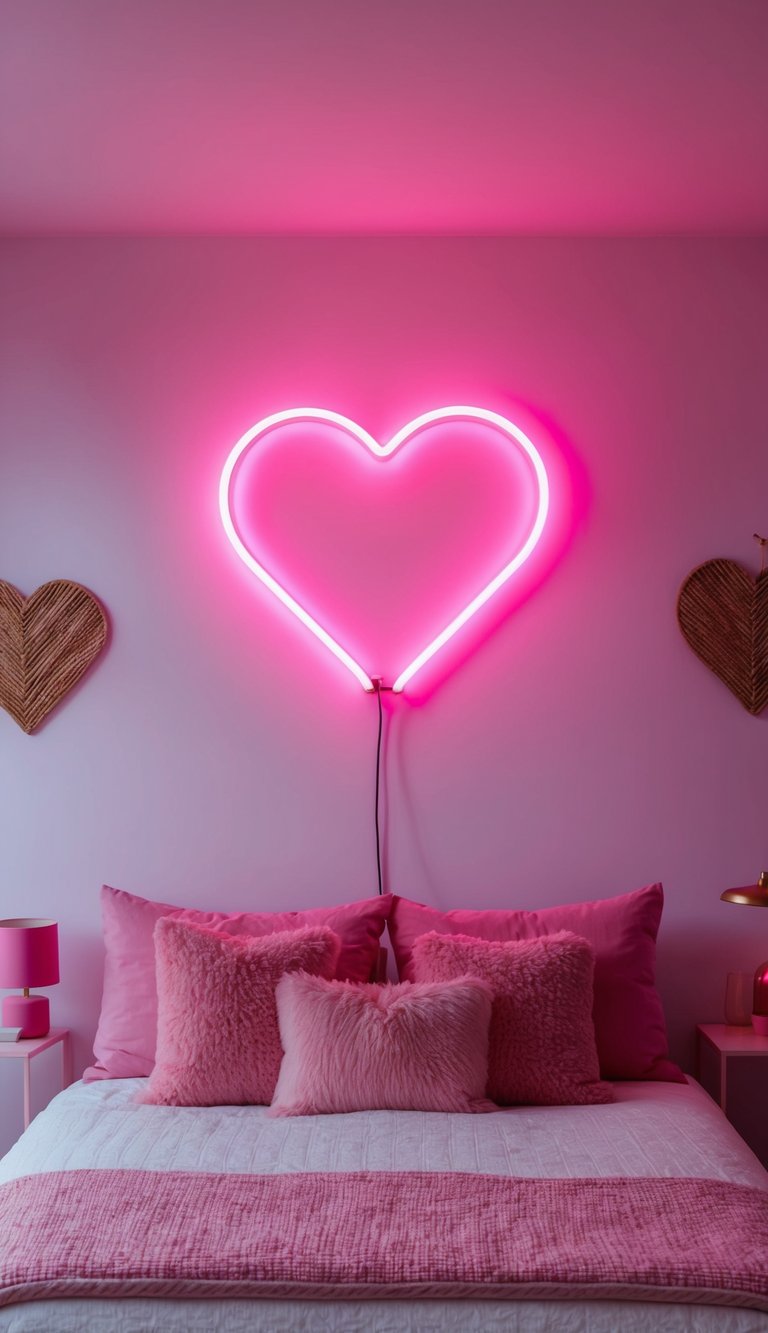 A pink neon heart sign illuminates a cozy pink bedroom with 22 decor ideas