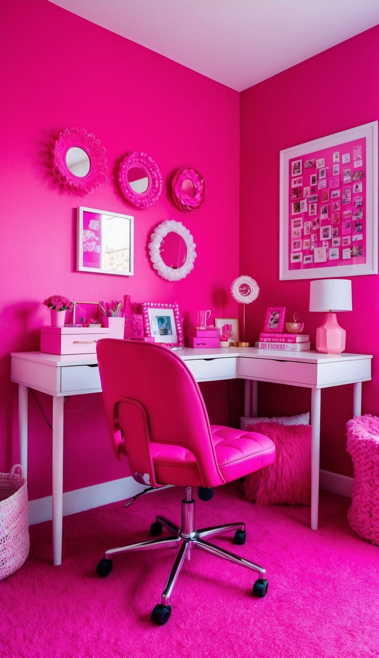 A hot pink desk chair sits in a vibrant pink bedroom, surrounded by various decor and accessories in matching shades of pink