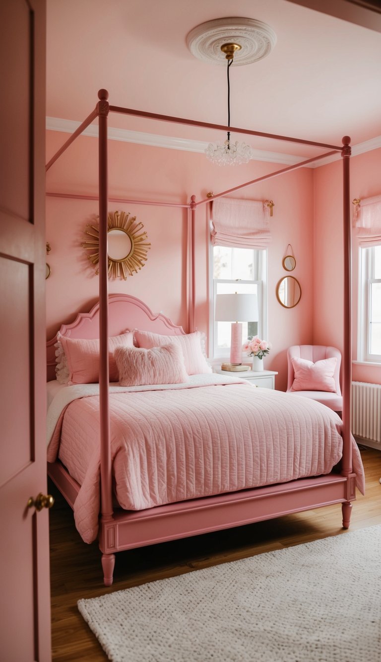 A cozy pink bedroom with a baby pink canopy bed, soft pink walls, and various pink decor accents