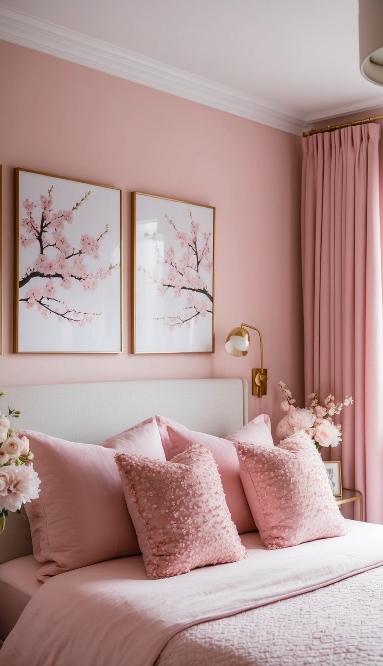 A cozy pink bedroom with cherry blossom art prints on the walls, soft lighting, and floral decor accents