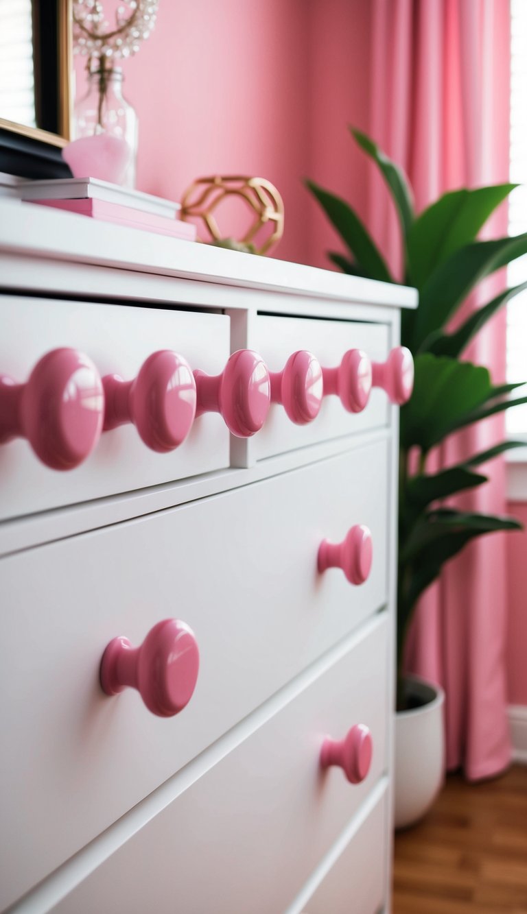 A row of candy pink drawer knobs on a white dresser in a pink bedroom