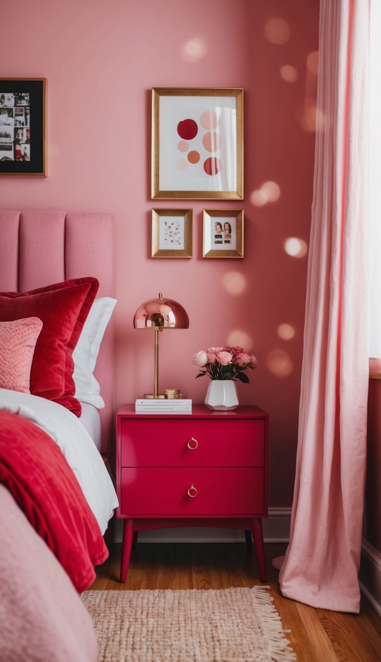 A crimson nightstand in a pink bedroom with 22 decor ideas