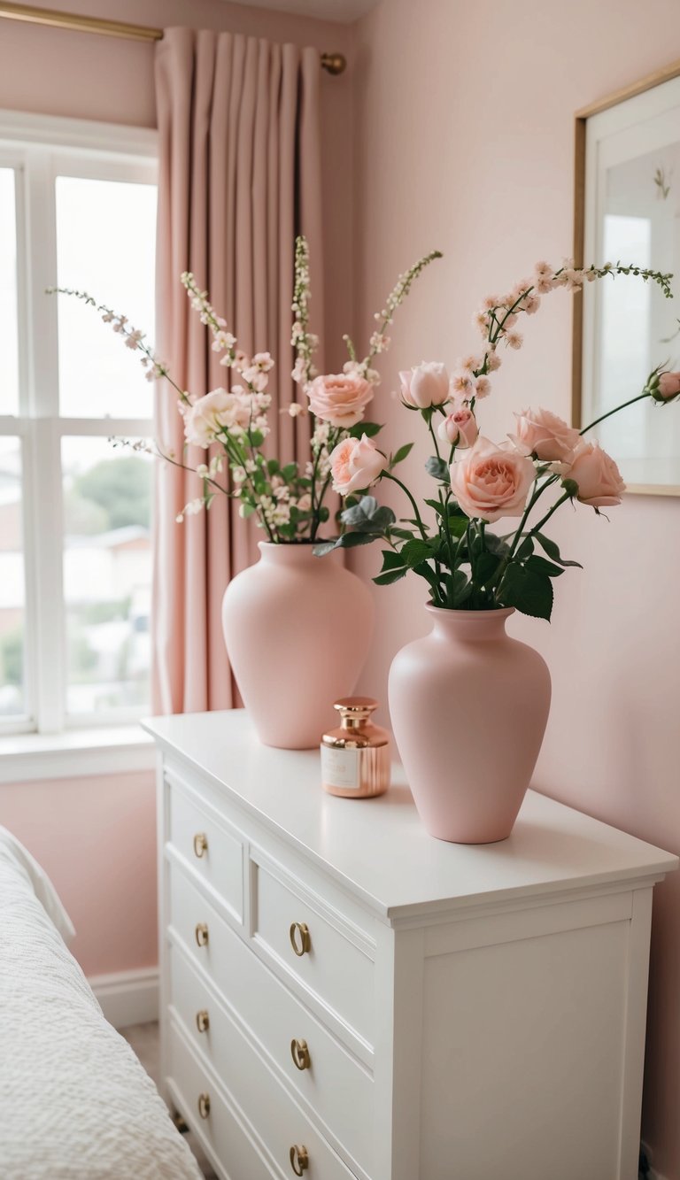 A cozy bedroom with rose-tinted vases on a white dresser, soft pink walls, and delicate floral decor