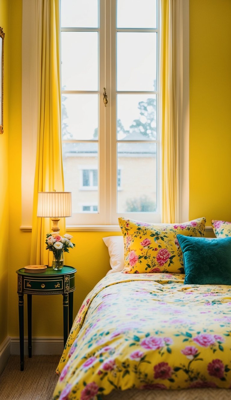 A cozy yellow bedroom with a sunlit window, floral bedding, and a vintage bedside table