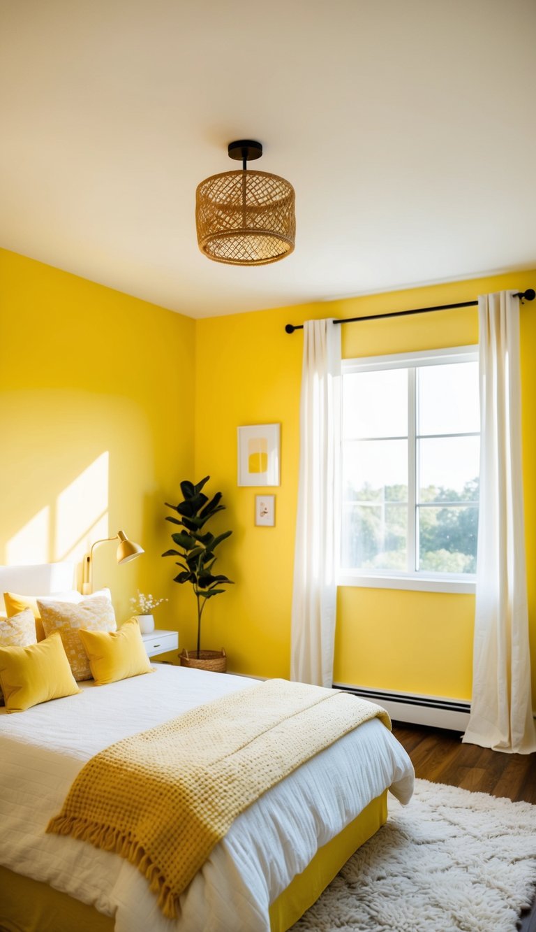 A bright yellow bedroom with sunny accent walls, featuring cozy decor and natural light streaming through the window