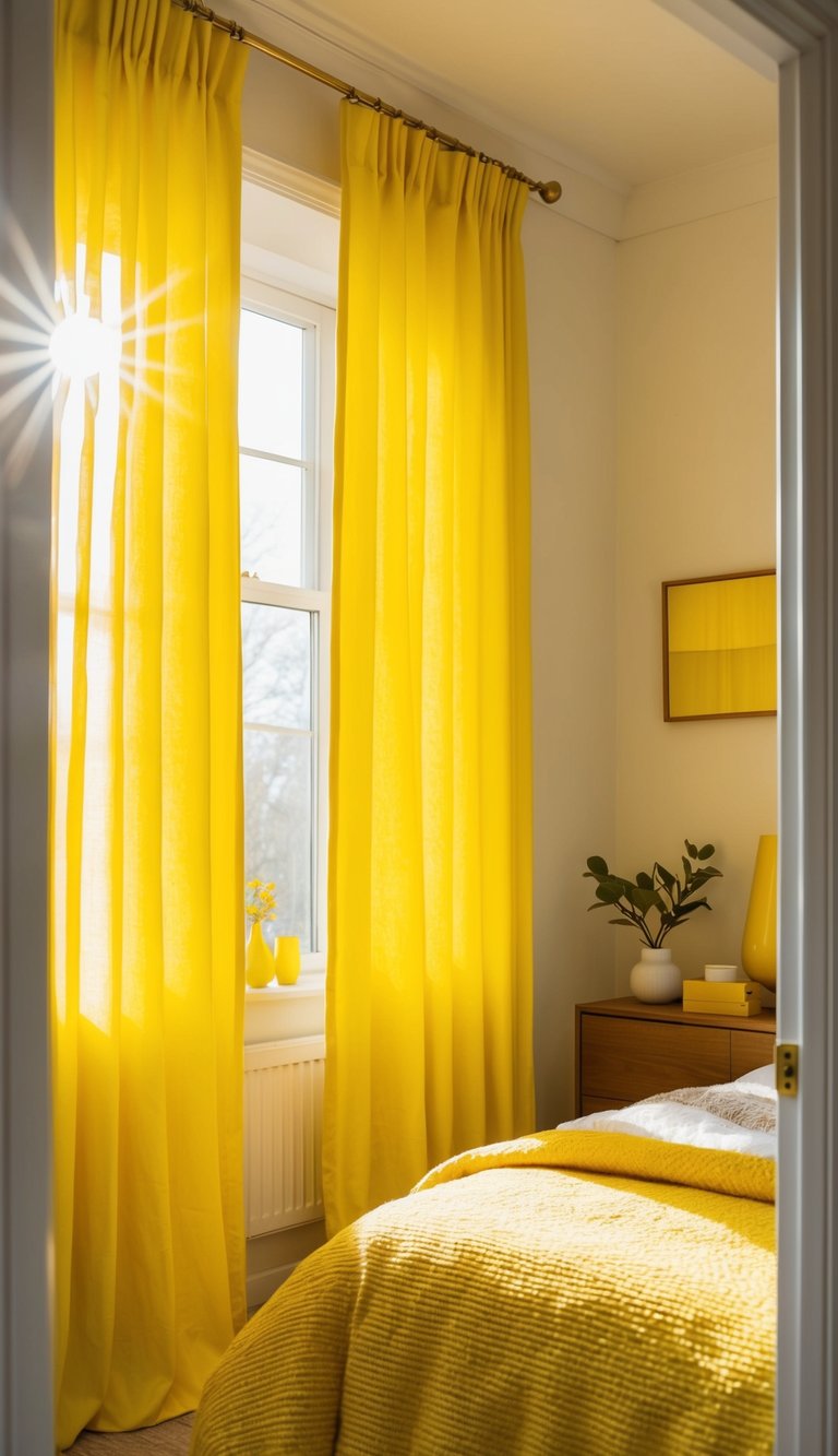 Sunlight streams through canary yellow curtains into a cozy bedroom with yellow accents. A bright and cheerful space, perfect for starting the day