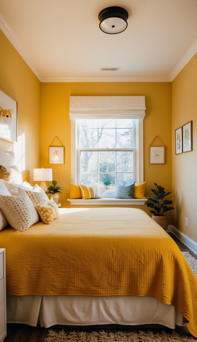 A cozy yellow bedroom with a mustard bedspread, sunlit through the window, adorned with cheerful decor and warm lighting