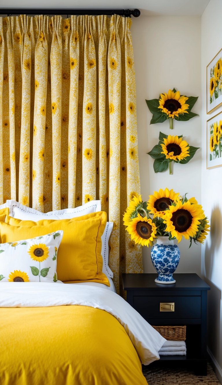 A cozy bedroom with sunflower-themed decor, including yellow bedding, curtains, and wall art. Sunflowers in a vase on a nightstand add a cheerful touch