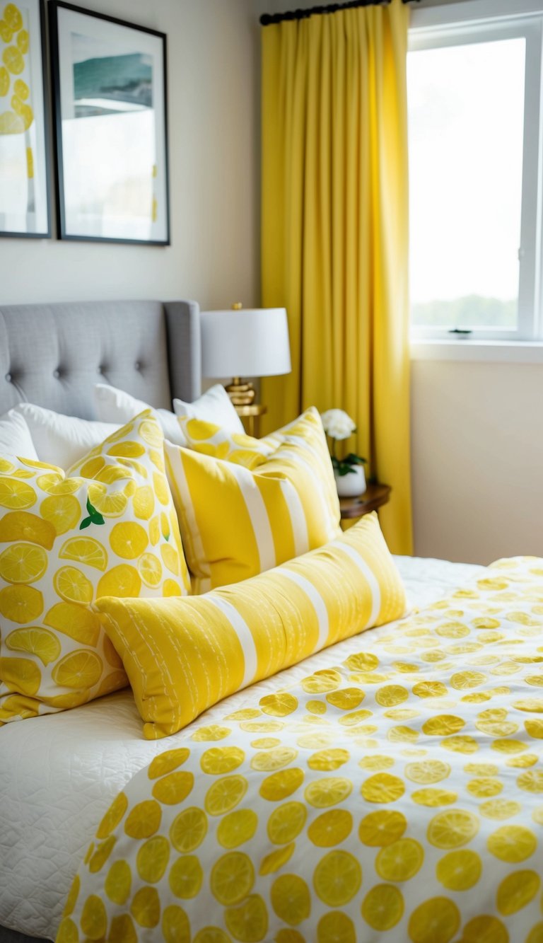 A cozy bedroom filled with lemon-slice patterned pillows, yellow accents, and bright natural light