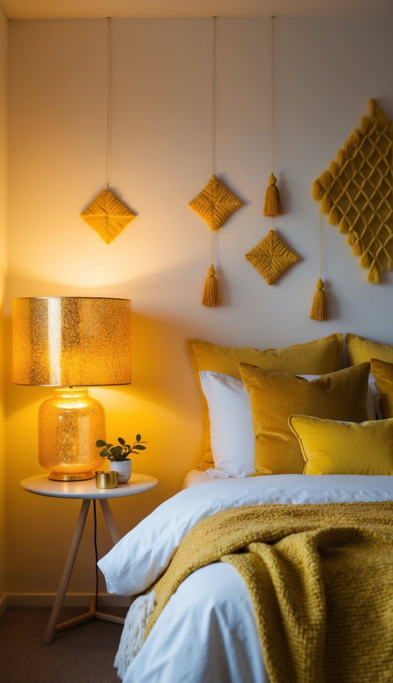 A cozy bedroom with golden-flecked lamps casting a warm glow, surrounded by yellow accents and decor