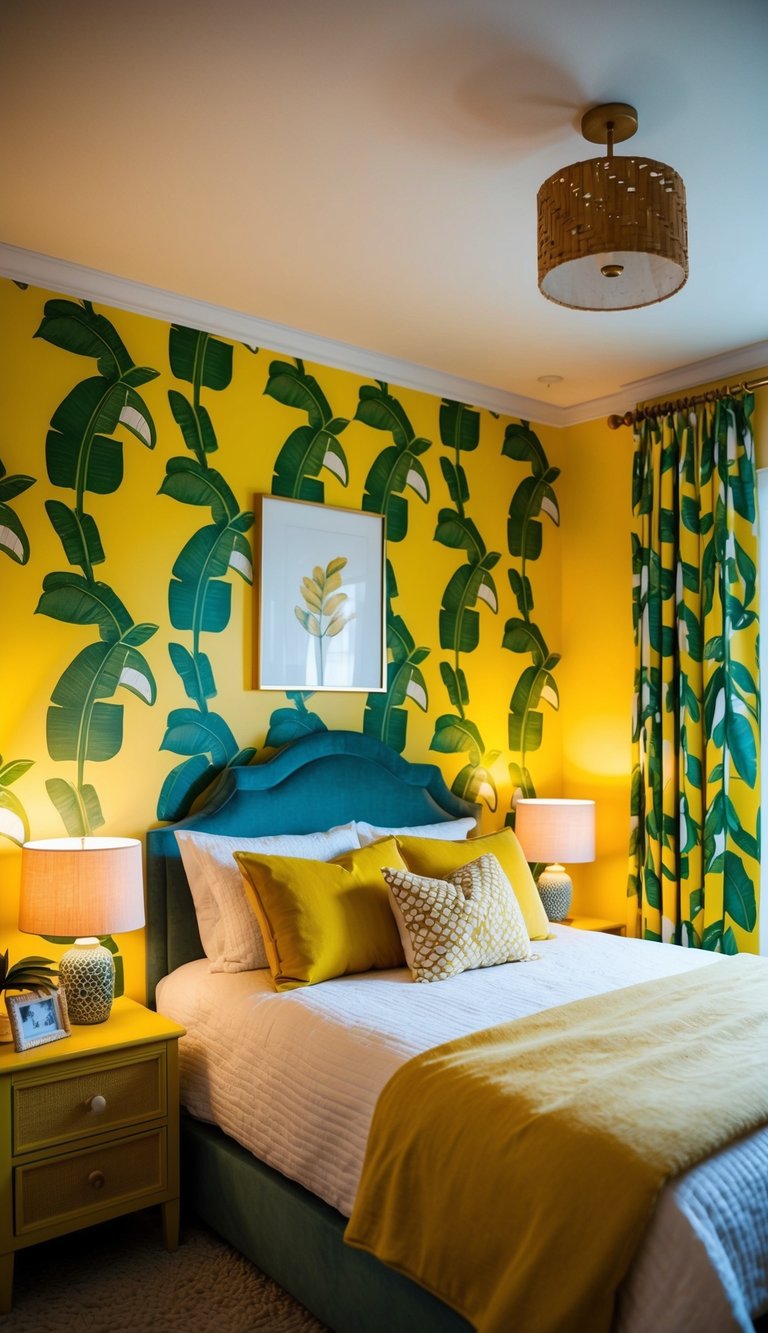 A cozy bedroom with yellow walls adorned with banana leaf wallpaper, featuring warm lighting and a comfortable bed with matching decor