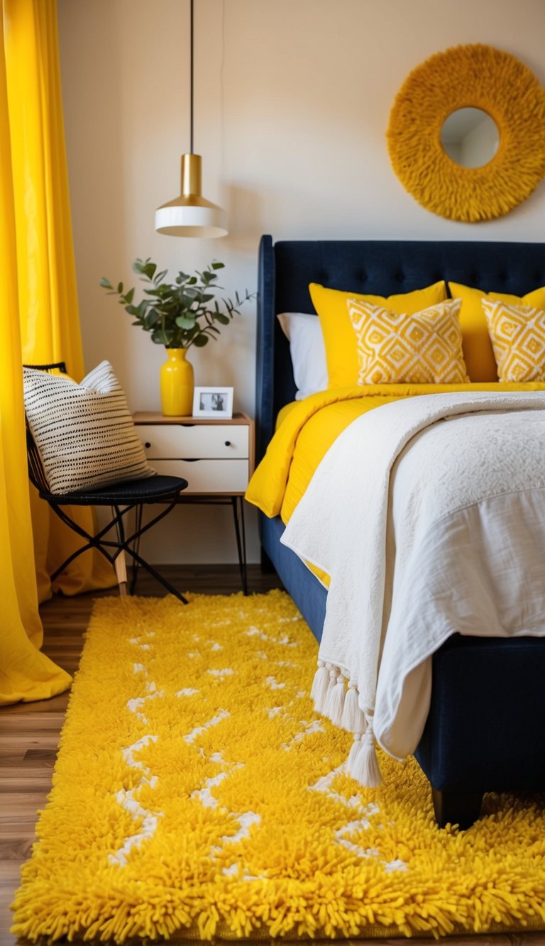 A cozy bedroom with vibrant yellow rugs, bright and cheery, creating a warm and inviting atmosphere