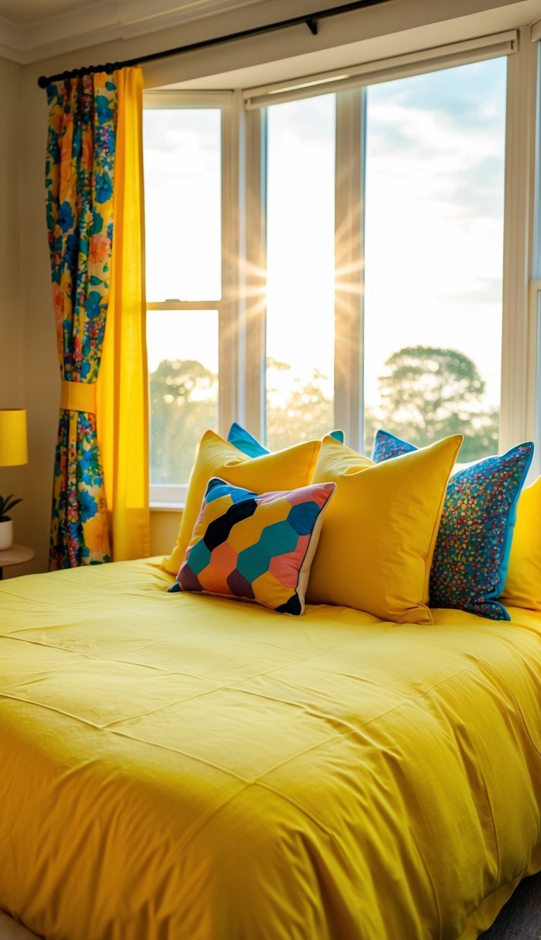 A cozy bedroom with a bright yellow duvet cover, adorned with colorful throw pillows and matching curtains. Sunlight streams in through the window, casting a warm glow over the room