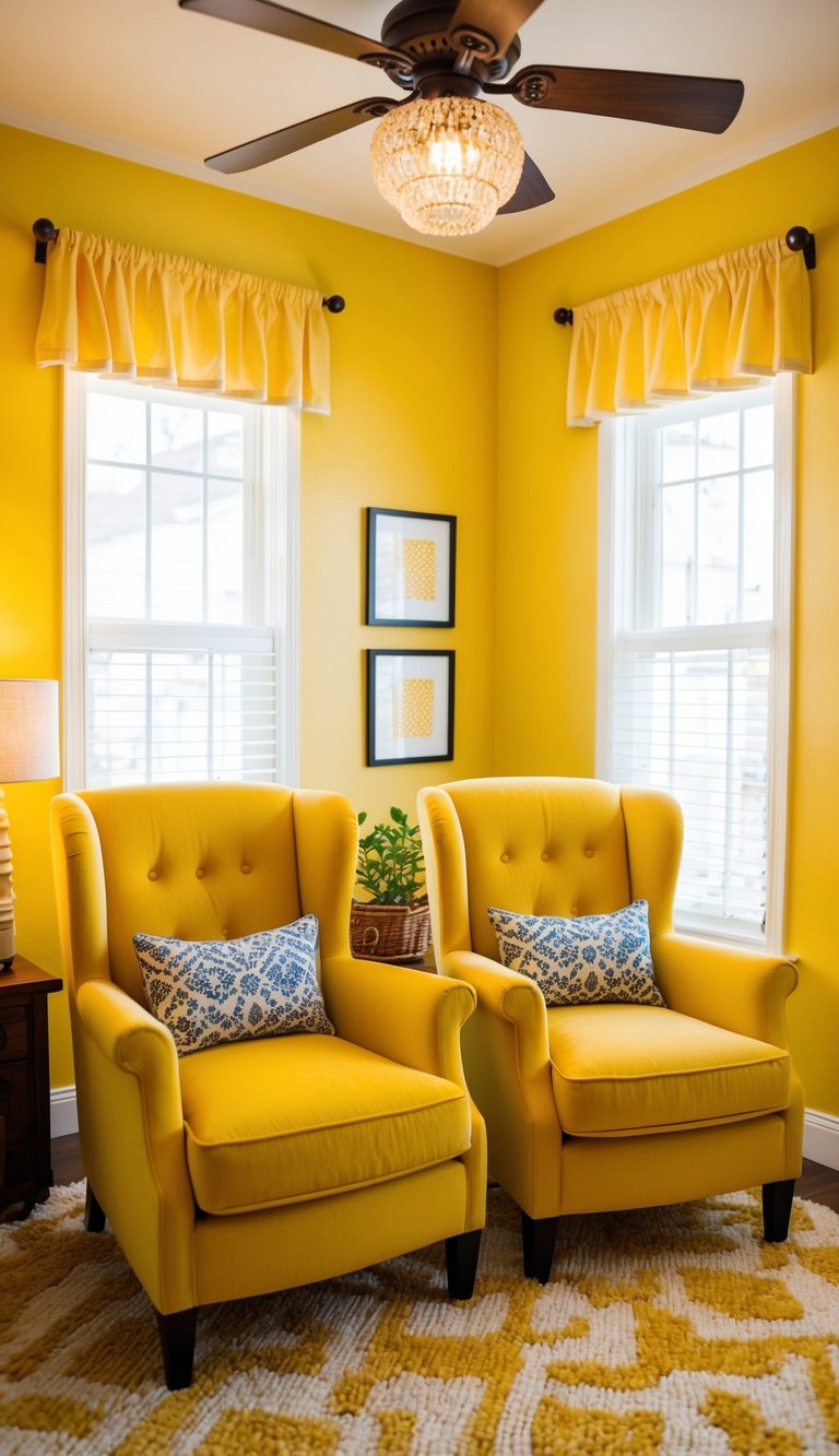 Two goldenrod armchairs in a yellow bedroom, surrounded by bright decor and warm lighting