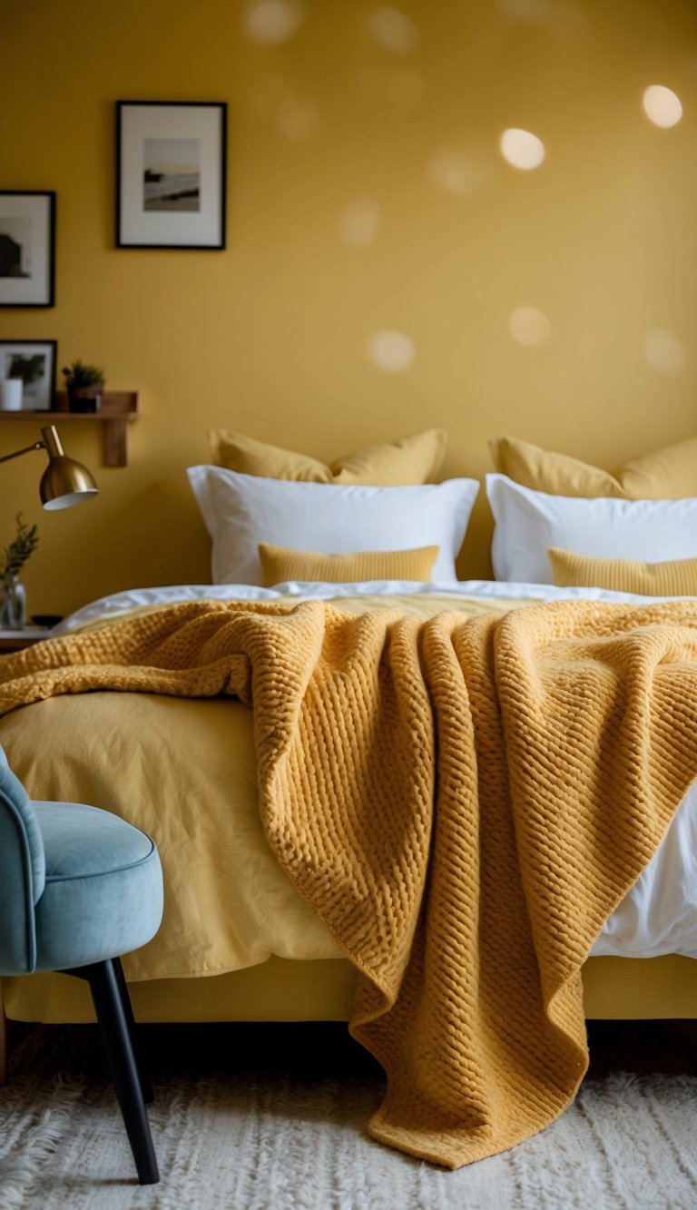 A cozy yellow bedroom with Buttercup throw blankets draped over a bed and a chair, creating a warm and inviting atmosphere